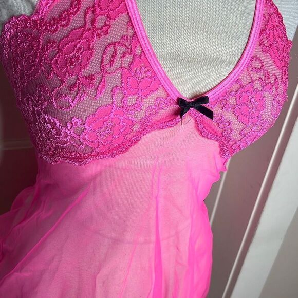 Dreamgirl Pink Lace Sheer Baby Doll with Heart Cut out G String New Size Small - Picture 2 of 6